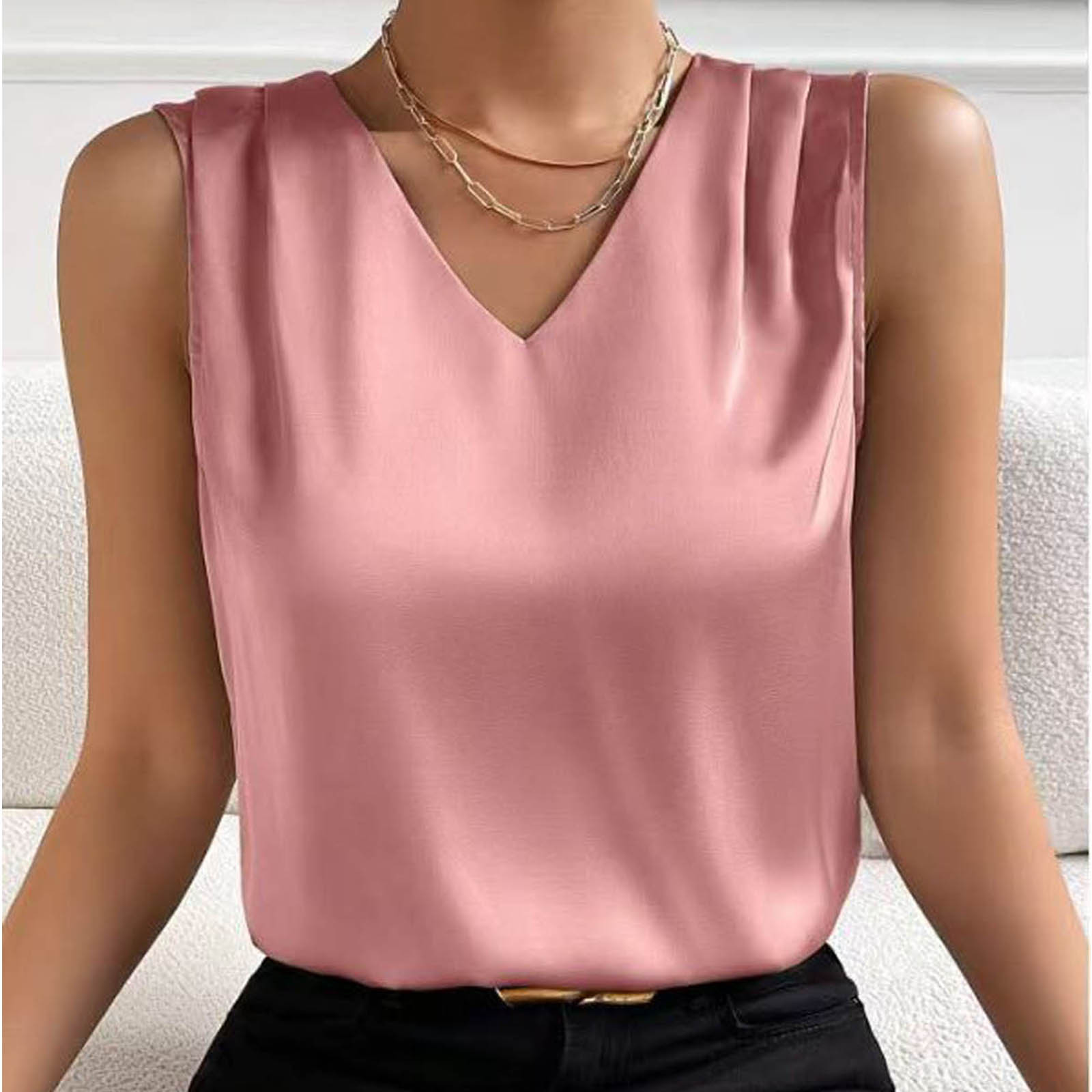 thumbnail image 2 of Top sin mangas de satén con cuello en V para mujer, para el verano, blusa informal transpirable de poliéster de color liso, 2 of 6